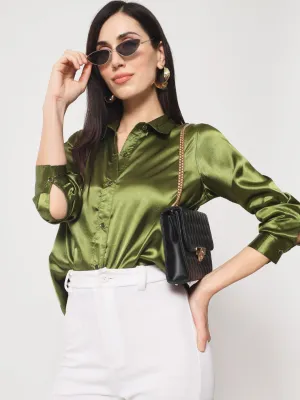 Women Olive Green Classic Slim Fit Casual Shirt