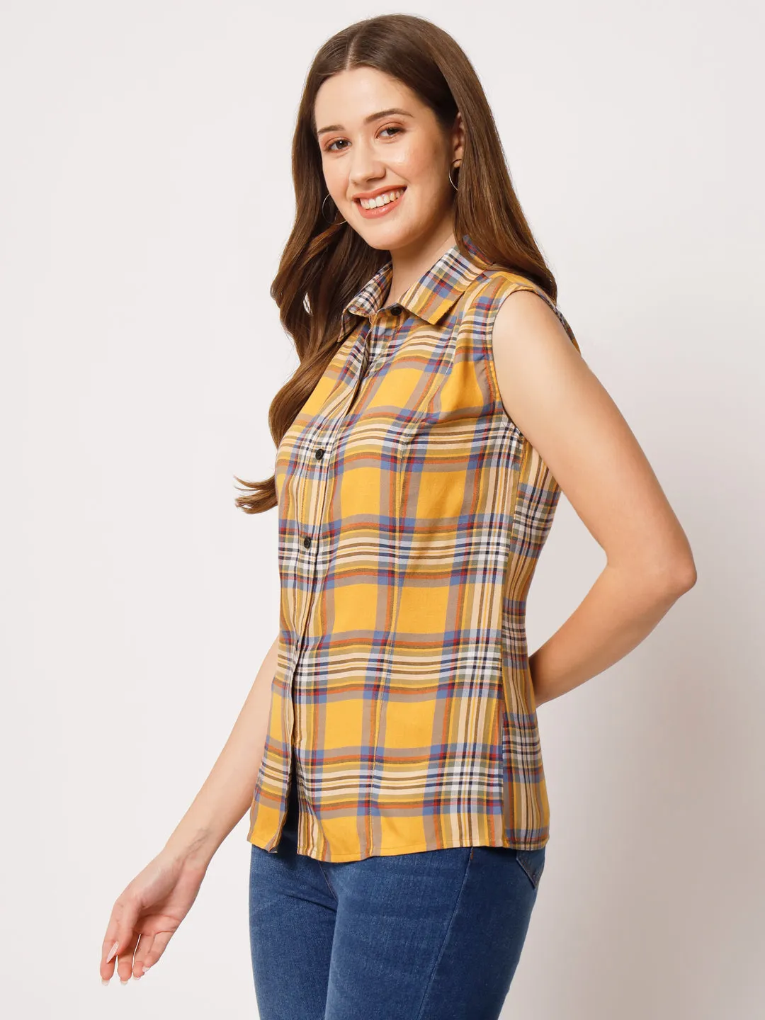 Women Tartan Checked Sleeveless Shirt