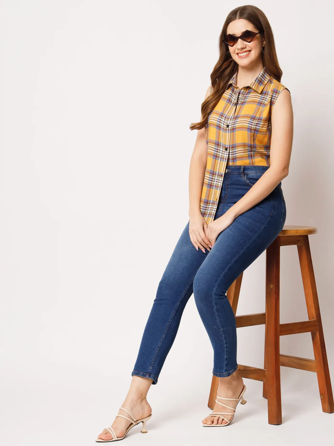 Women Tartan Checked Sleeveless Shirt