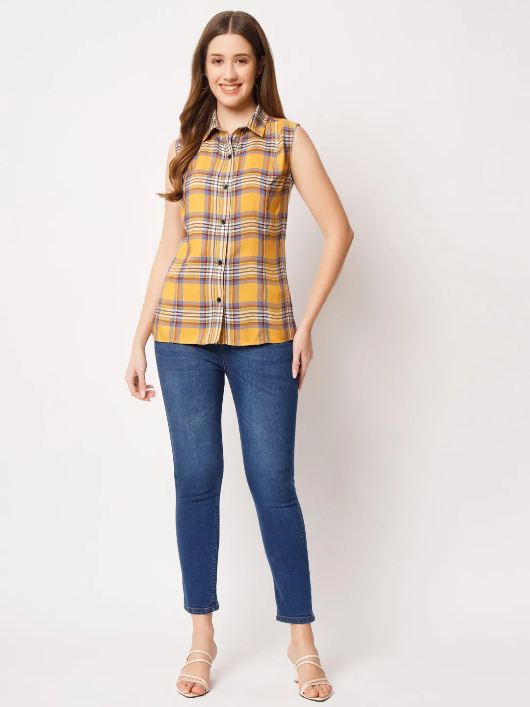 Women Tartan Checked Sleeveless Shirt