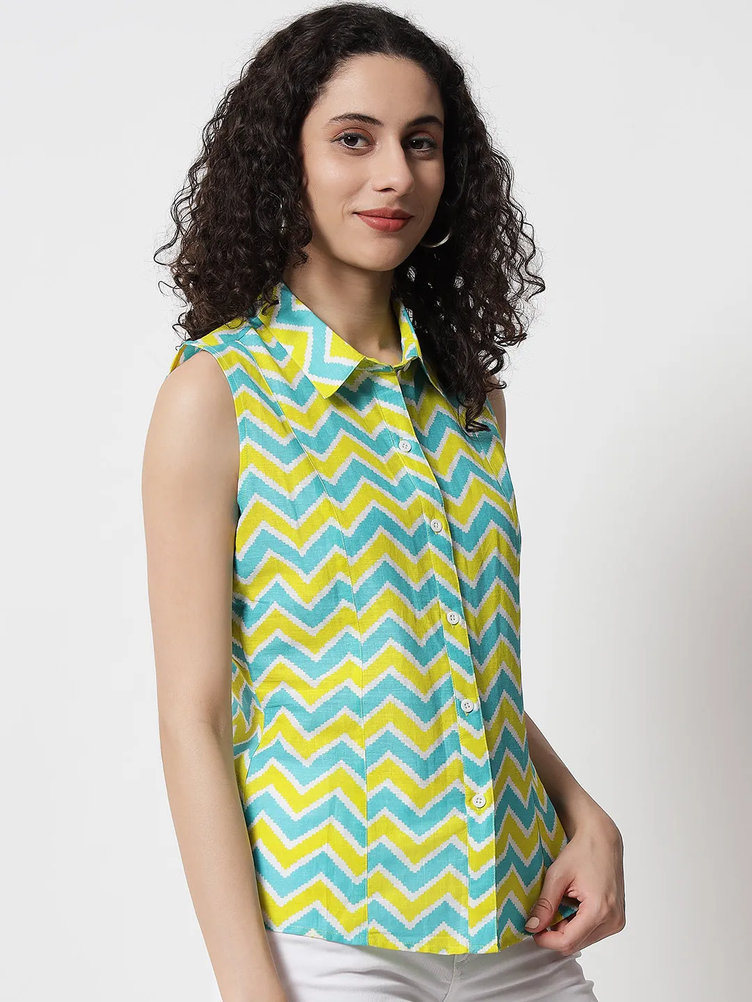 Women Yellow Zig-Zag Printed Sleeveless Shirt