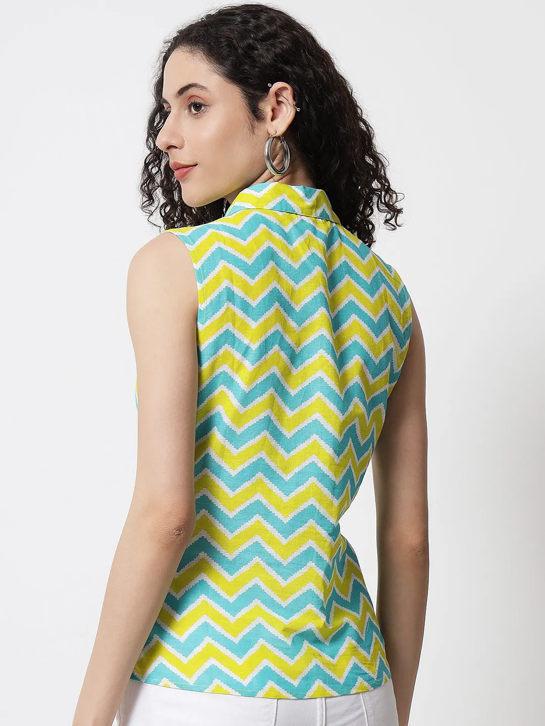 Women Yellow Zig-Zag Printed Sleeveless Shirt