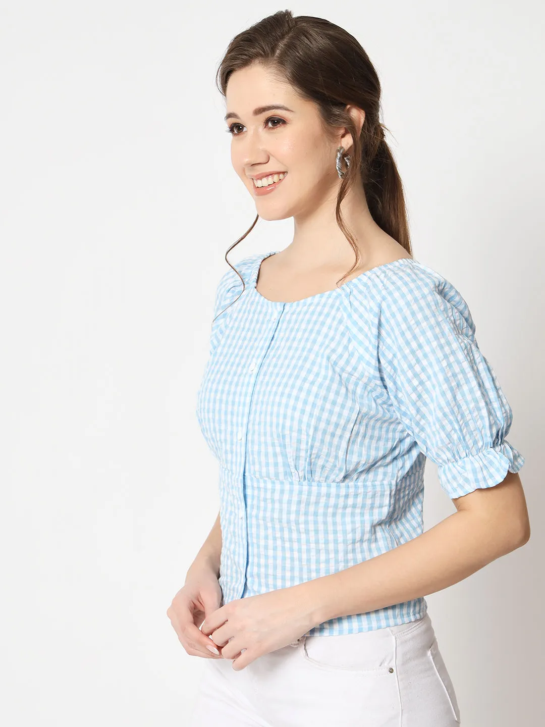 Women's Checked Button Down Ruffled Sleeve Top