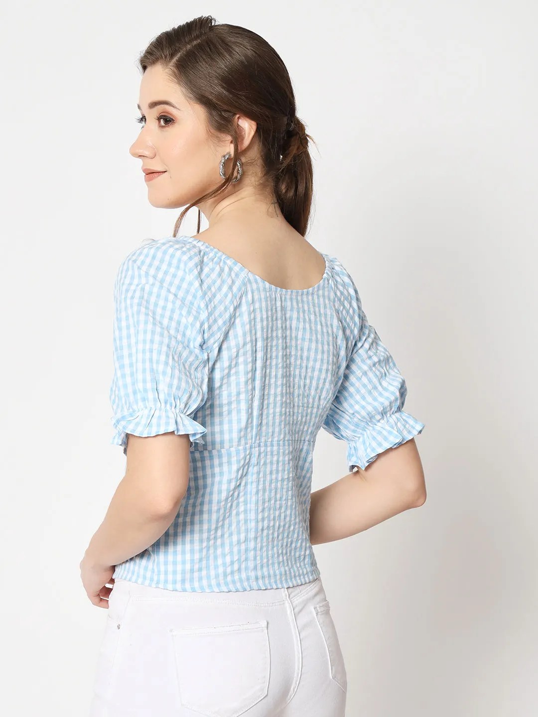 Women's Checked Button Down Ruffled Sleeve Top