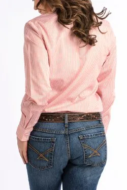 WOMEN'S CINCH TENCEL CORAL AND WHITE STRIPE BUTTON-UP SHIRT