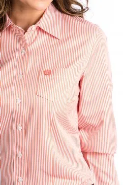 WOMEN'S CINCH TENCEL CORAL AND WHITE STRIPE BUTTON-UP SHIRT